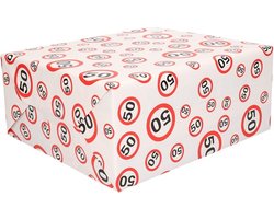 50 jaar verjaardag Inpakpapier/cadeaupapier - verkeersborden print - 300 x 70 cm - rood/wit