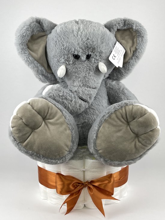 Chouette-Chouette | Luiertaart Neutraal | Kraamcadeau | Geboorte Jongen Meisje | Babyshower | 1L Olifant Grijs - Koper