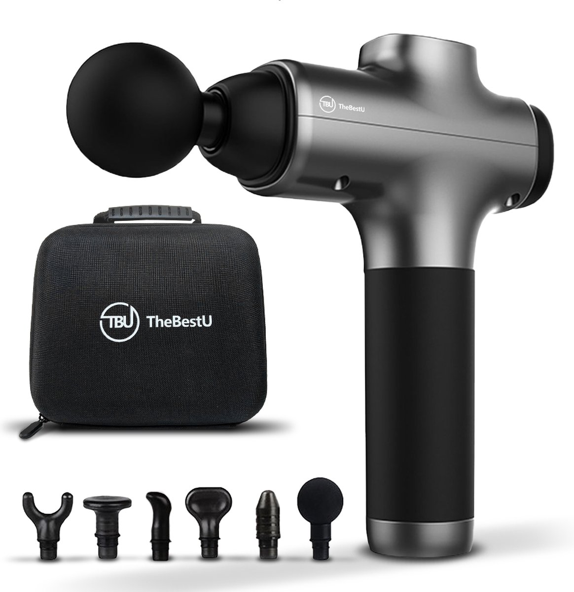 TheBestU - Massage Gun - Sport - Relax - Massage Apparaat - Spierherstel - Blessures - Professioneel - Massage Pistool - 6 Opzetstukken - Luxe Koffer - 30 Snelheden - Draadloos - Jong en Oud - Zwart en Grijs - Kado - Cadeau - Zomer - Winter