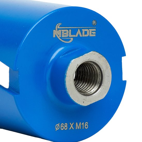 Blauwe diamant dozenboor van 68 mm met de tekst 'MBLADE' en 'Ø 68 X M16'.