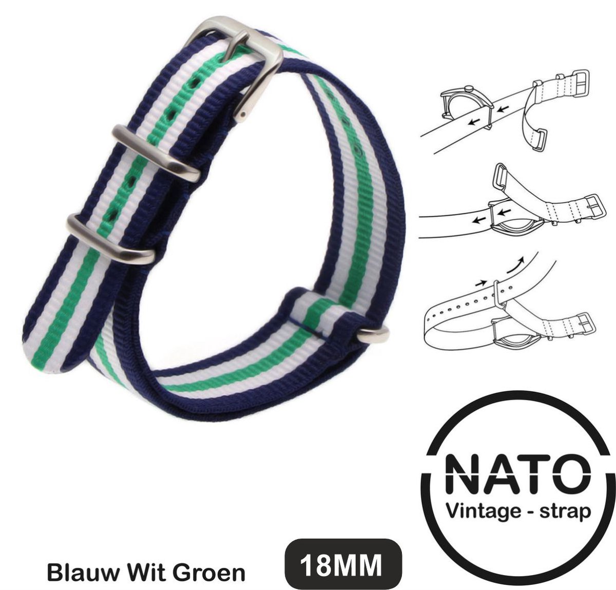 Stijlvolle 18mm Premium Nato Blauw wit Groen gestreept Horlogeband: Ontdek de Vintage James Bond Look! Perfect voor Mannen, uit onze Exclusieve Nato Strap Collectie!