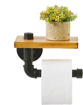 Houten toiletpapierhouder met plank en gietijzeren buis - Rustieke industriële wc-rolhouder voor wandmontage - Eenvoudige installatie - Badkamerdecoratie