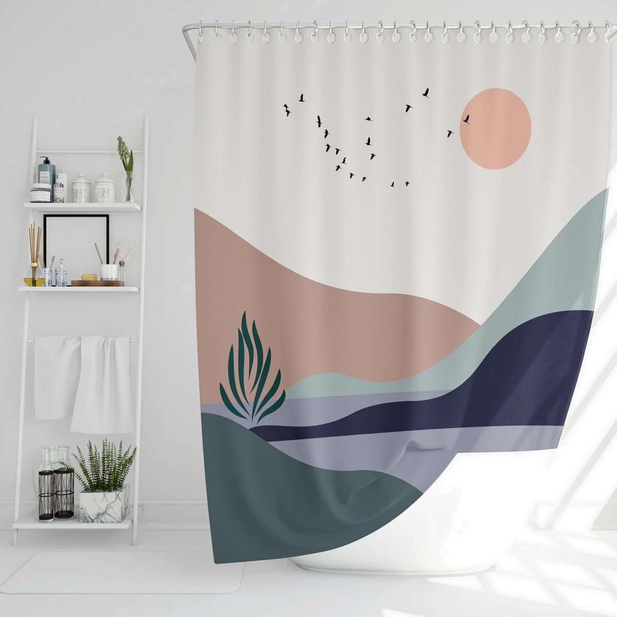 Shower Curtain 180 x 200 cm Polyester Textile Boho Motif 100% Waterproof Weighted Hem Opaque Machine Washable Anti-Mildew Coating Includes 12 Stainless Steel Rings