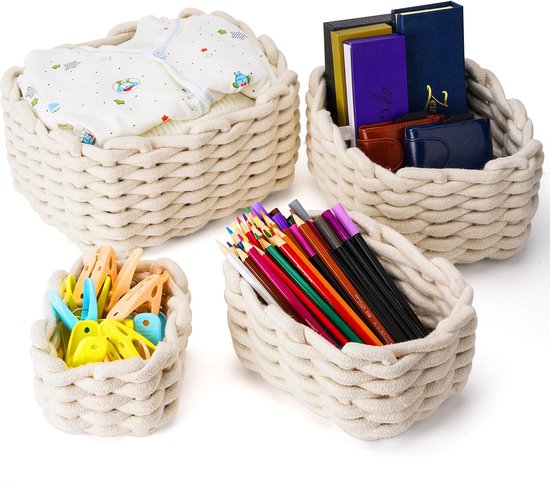 Set of 4 Storage Baskets Braided Cotton Rope Basket Storage