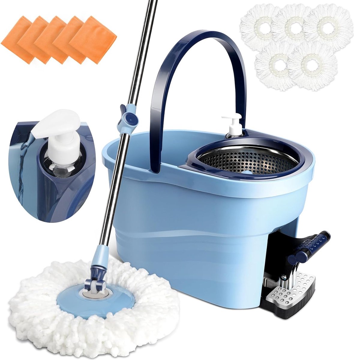 Goedkoopste Mopset met emmer, mop met wringfunctie, schoonmaakemmer met mop en 5 microvezel mopkoppen, mopset met 145 cm telescopische steel en voetpedaal voor alle vloeren.