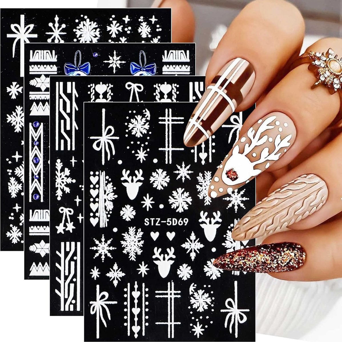 Goedkoopste 3D Kerst Nagelstickers 4 Vellen Nail Art Nagel Sticker Zelfklevende Decoratie Nageldesign