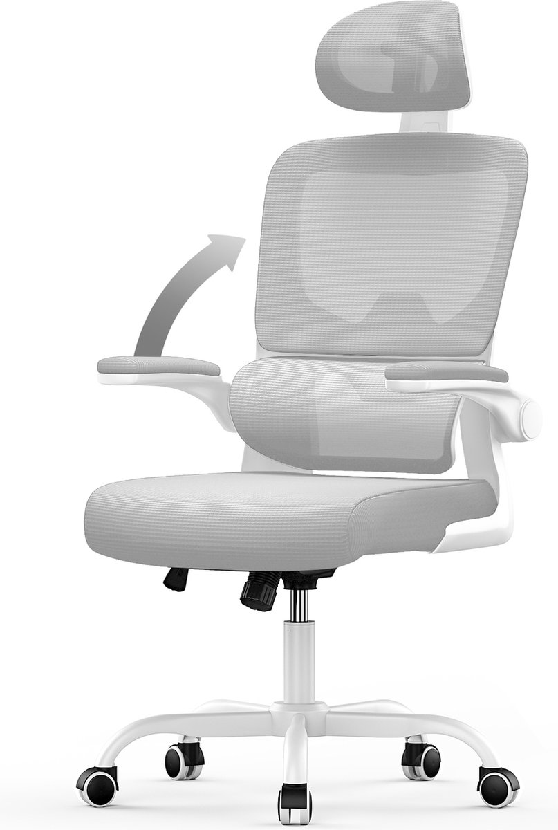 Ergonomische bureaustoel - Fauteuil - met 90° opklapbare armleuning - Adaptieve lendensteun - In hoogte verstelbaar Grijs - Ergonomische - €89,99