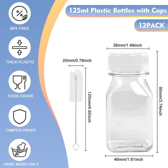 24 stuks plastic flessen van 60 ml om te vullen, shotflessen om te vullen, heldere lege sapflessen om te vullen, met lekvrije deksels, 1 reinigingsborstel, 1 pen, 3 trechters en 1 etiket