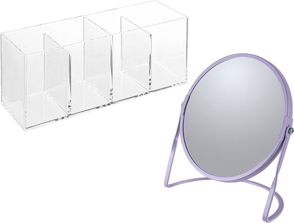 Goedkoopste Spirella Make-up organizer en spiegel set - 4 vakjes - plastic/metaal - 5x zoom spiegel - paars/transparant