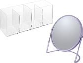 Spirella Make-up organizer en spiegel set - 4 vakjes - plastic/metaal - 5x zoom spiegel - paars/transparant