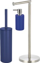 Spirella Badkamer accessoires set - WC-borstel/zeeppompje/rollenhouder - metaal/porselein - donkerblauw - Luxe uitstraling