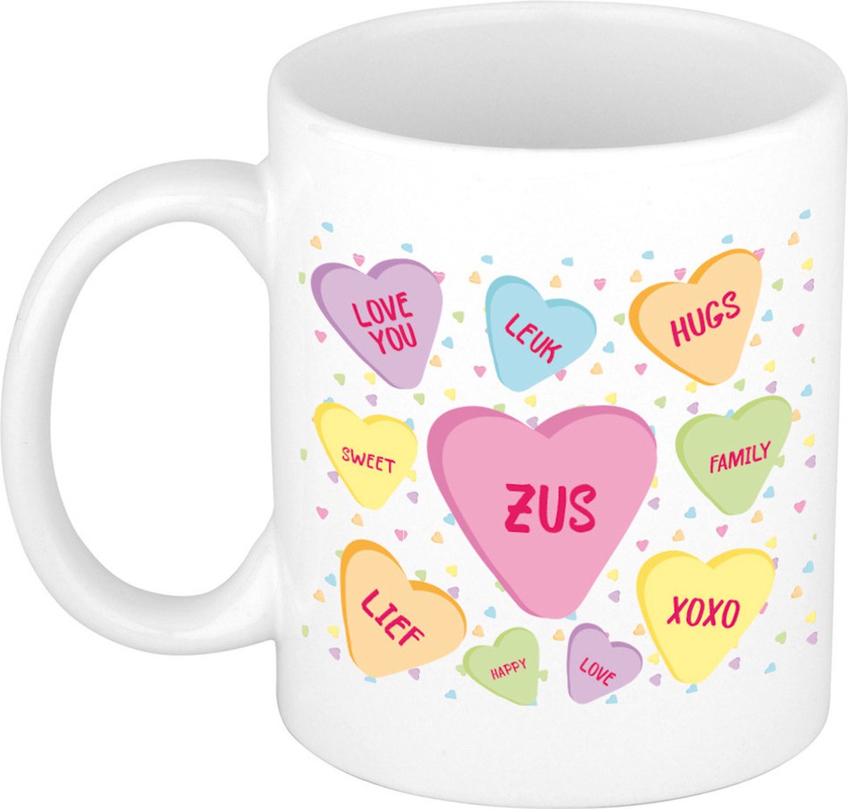 Bellatio Decorations Cadeau koffiemok voor zus/zusje - hartjes snoepjes - wit - verjaardag