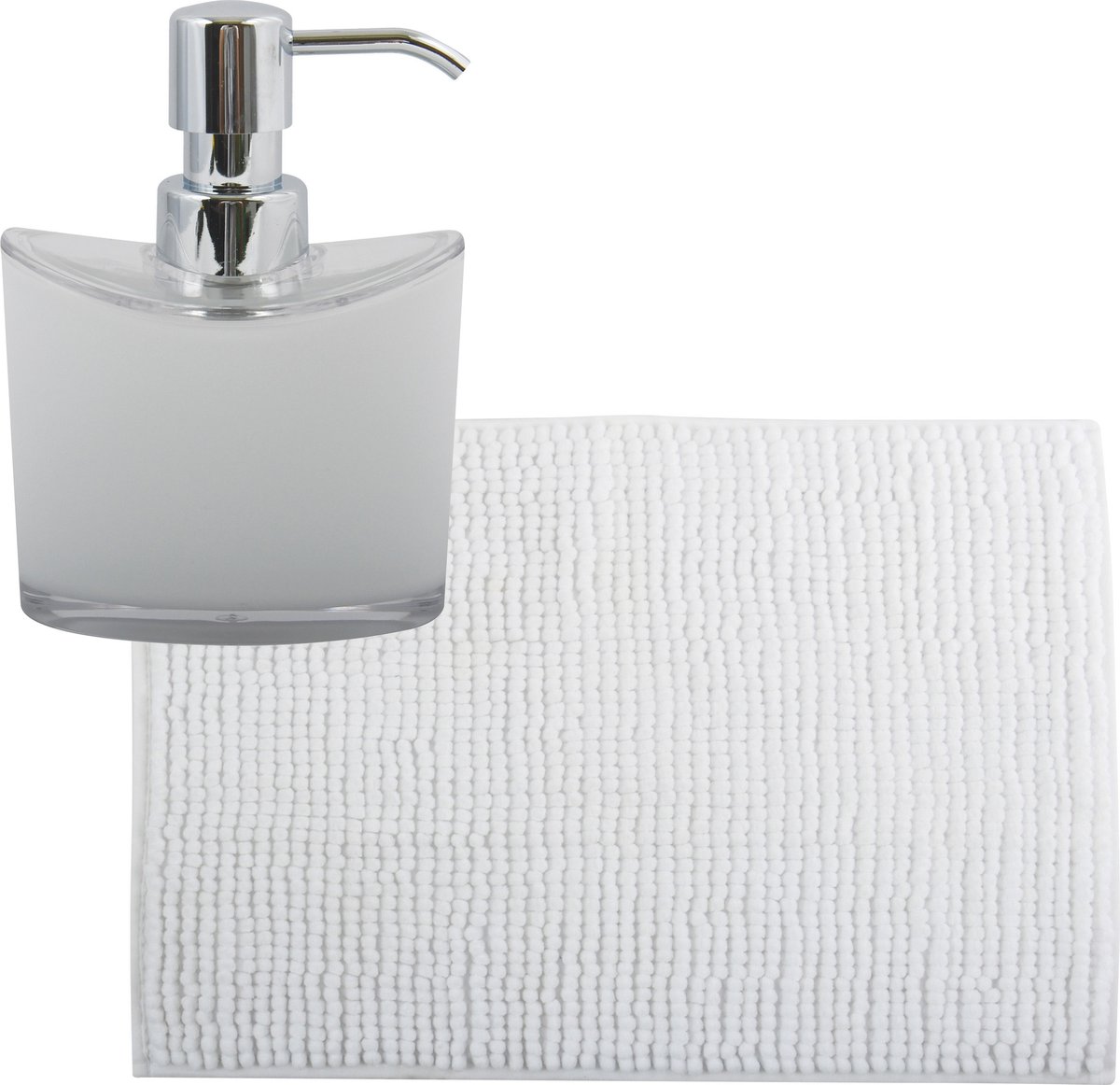 MSV badkamer droogloop mat tapijtje 50 x 80 cm en zelfde kleur zeeppompje 260 ml wit