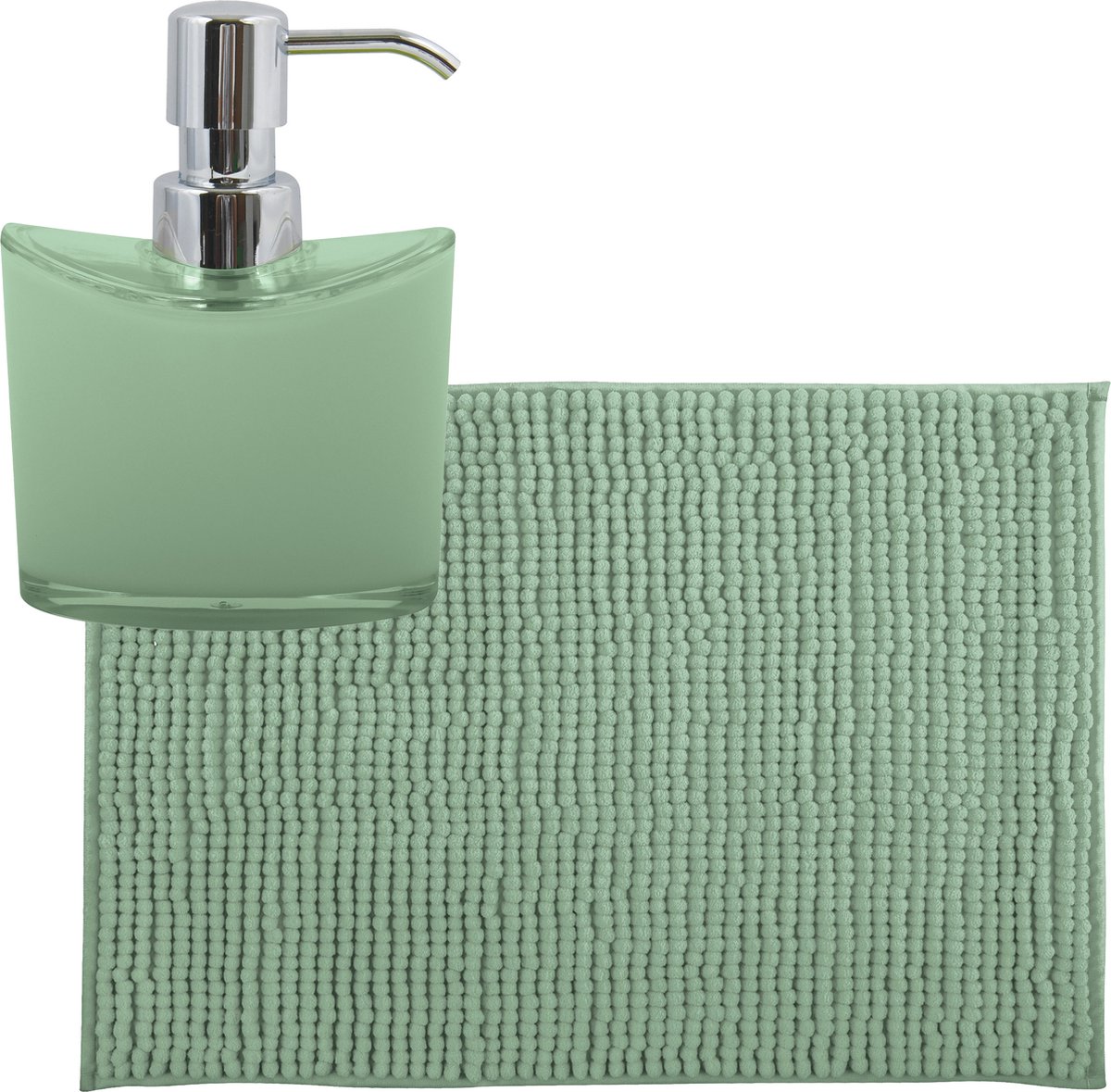 MSV badkamer droogloop mat tapijtje 40 x 60 cm en zelfde kleur zeeppompje 260 ml groen