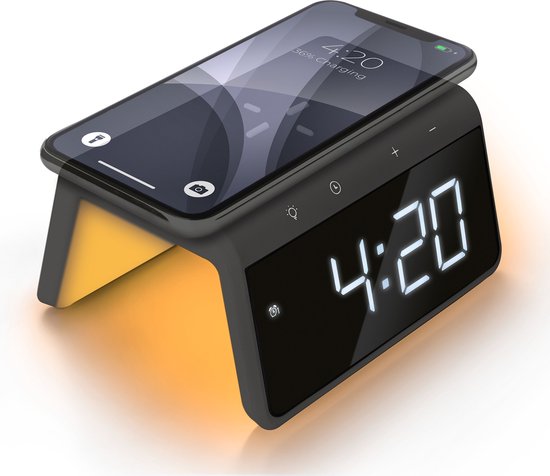 Caliber Digitale Wekker - Wekker met Draadloze Oplader - Wake Up Light - Digitale Klok - Dimbaar - Twee Alarmen - geschikt als kinderwekker - Nachtlamp - Kleur Antraciet Grijs (HCG019QI-SG)