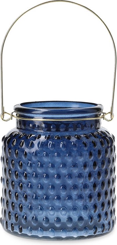 HOMLA Vijgenlantaarn van glas - theelichtglas, decoratief kaarsglas voor binnen en buiten - decoratieve lantaarn lampion - donkerblauw 10 x 11 cm - PER 2 STUKS -