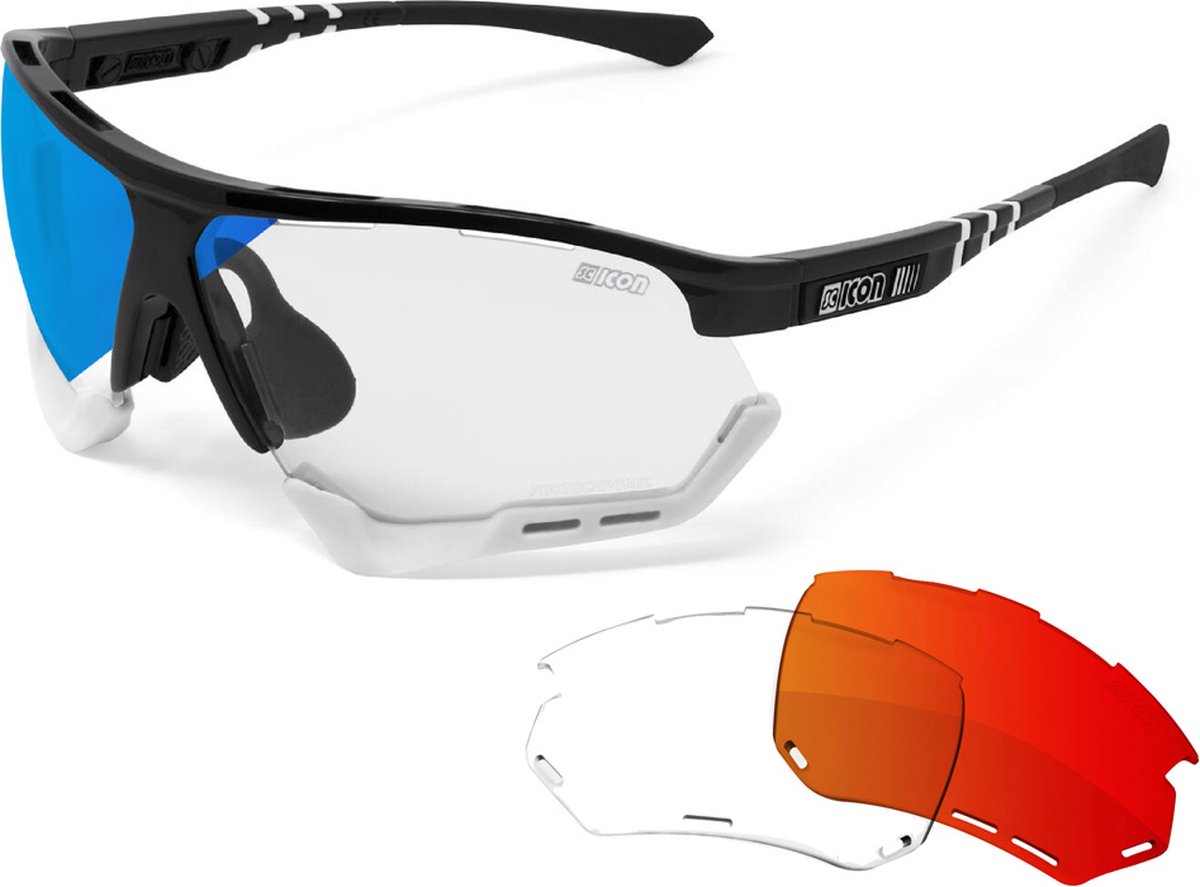 Scicon - Fietsbril - Aerocomfort XL - Zwart Gloss - Fotochrome Lens Blauw Spiegel + extra Fotochrome Lens Rood Spiegel