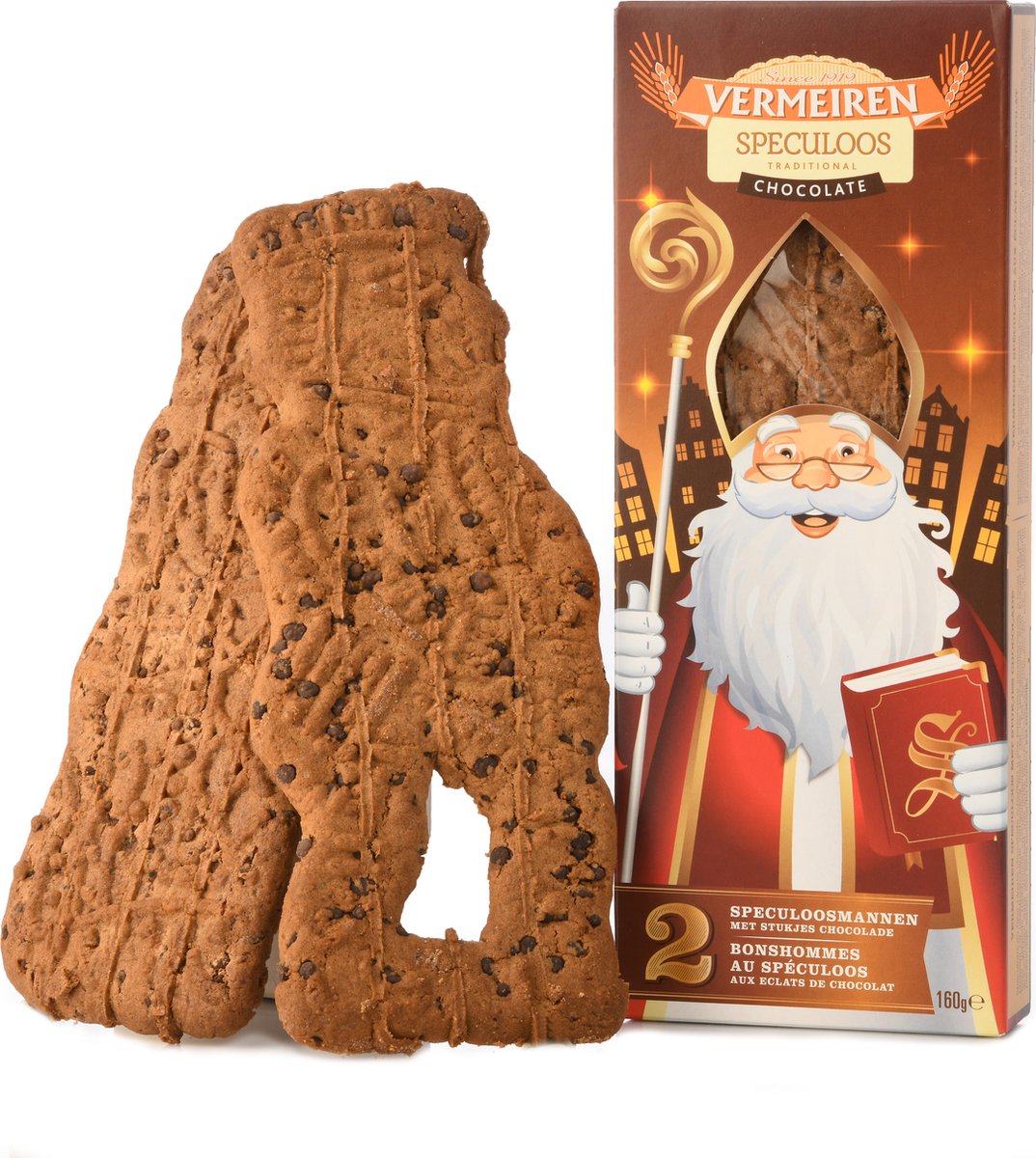 Vermeiren traditionele XL Sinterklaas speculaaspop met chocoladestukjes (12 doosjes met telkens 2 speculoos koeken van 80 gram)