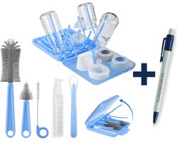 Flessen Droogrek Baby - Blauw + Schoonmaakset - Baby Fles Schoonmaakset - Reis Set - BPA vrij + Pen