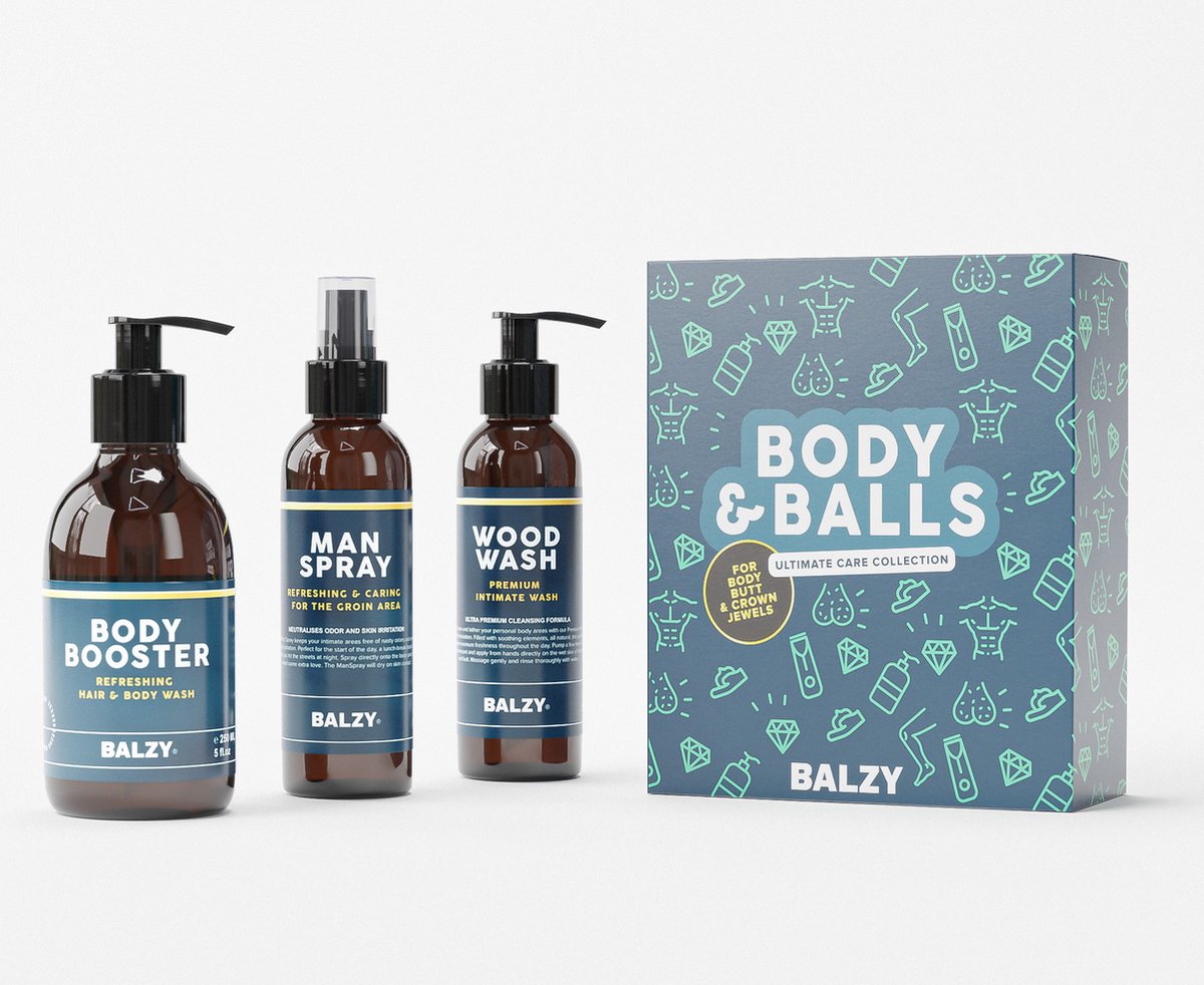 BALZY Body & Balls Collection - Complete Body Care Set - ManSpray - WoodWash - BodyBooster
