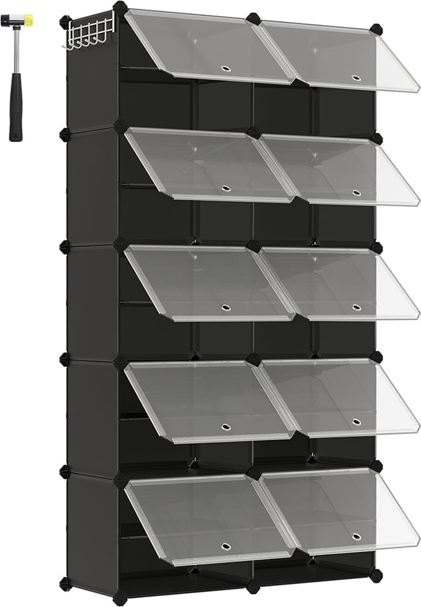Schoenenrek met 10 vakken, Schoenenkast, 30 x 40 x 30 cm per vak, smal, met deuren, Stalen frame, Kunststof, voor hal, slaapkamer, entree, zwart LPC035B01