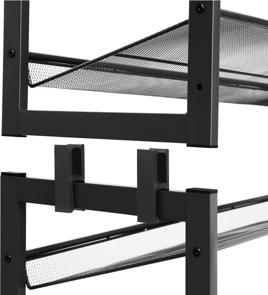 SONGMICS Schoenenrek, schoenenstandaard met 3 niveaus, rek van stof, met 4 zijhaken, voor 15 paar schoenen, in hoogte verstelbare plank, entree, garderobe, eenvoudige montage, inktzwart LMR139B01