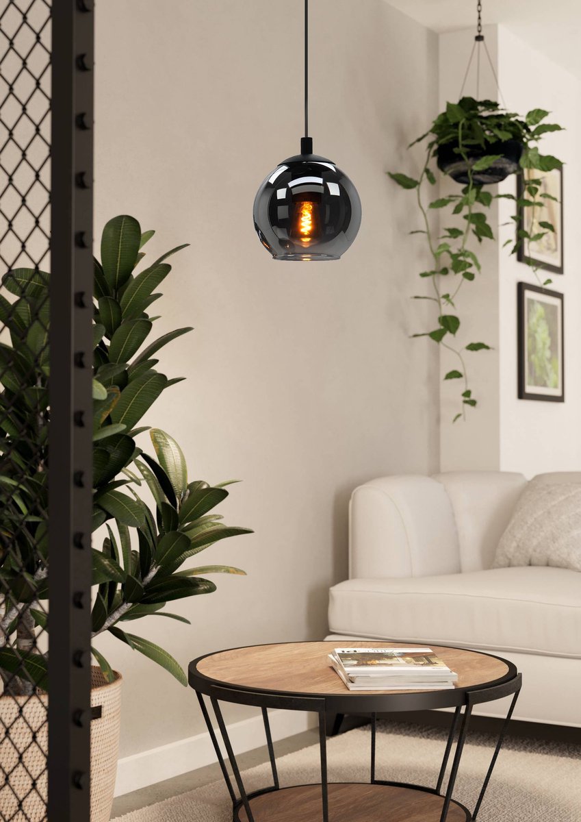 EGLO Ariscani Hanglamp voor eettafel, van metaal in zwart en rookglas, eetkamerlamp hangend, E27-fitting, 20 cm EGLO Ariscani Hanglamp voor eettafel, van metaal in zwart en rookglas, eetkamerlamp hangend, E27-fitting, 20 cm