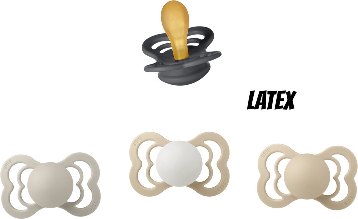 Goedkoopste Bibs Supreme Latex fopspeen 0-6 maand 4 stuks Vanilla,Sand,Iron en Blush Night Glow maat 1