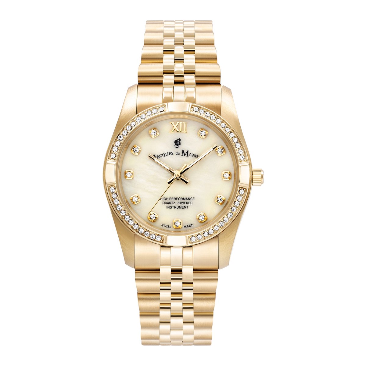 Jacques du Manoir JWL02003 horloge dames staal goldplated 34 mm, licht geel mother of pearl wijzerplaat met zirkonia