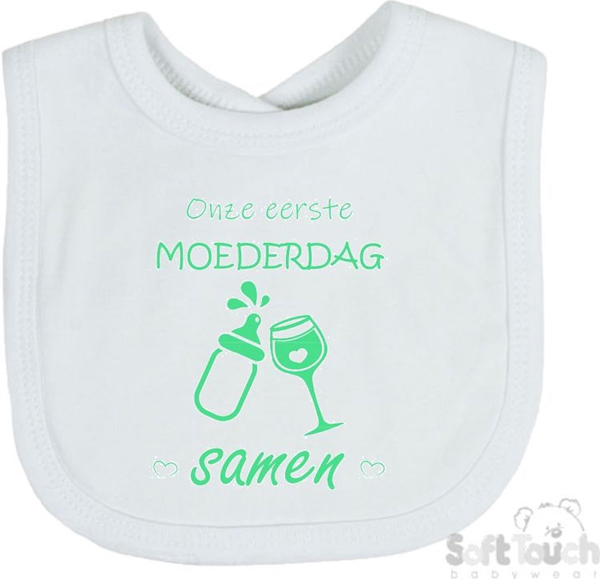 Goedkoopste Soft Touch Slabber Slabbetje Slab Onze eerste moederdag samen Moederdag Unisex Katoen Wit/mint Maat 33x22 Cm