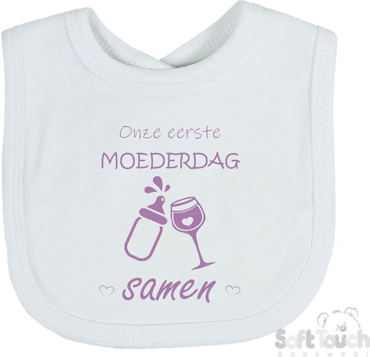 Goedkoopste Soft Touch Slabber Slabbetje Slab Onze eerste moederdag samen Moederdag Unisex Katoen Wit/lila Maat 33x22 Cm