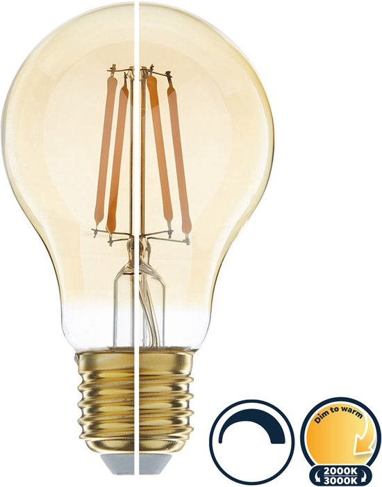 Ampoule LED à filament E27 6 Watt, variable pour chauffer (3000K-2000K), dimmable à 0%, 800 lumens - Ø60mm
