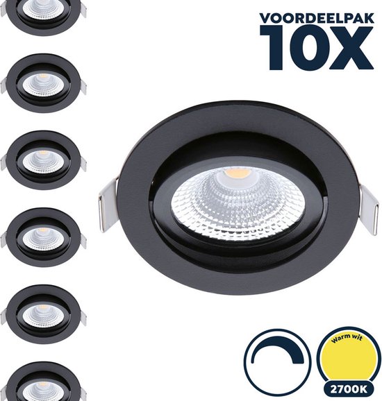 Voordeelpak 10x Led inbouwspot badkamer zwart, warm wit (2700K), kantelbaar, 5W vervangt 50W, zaagmaat Ø75mm, buitenmaat Ø85mm, 23mm diep