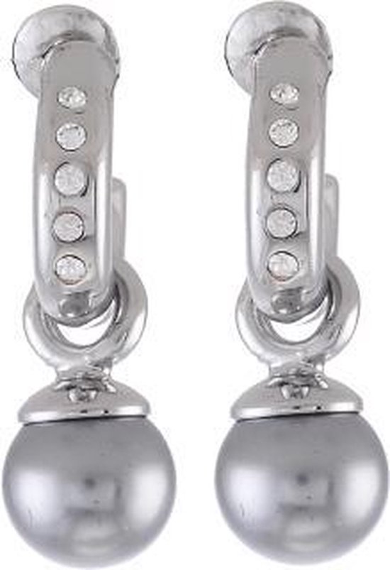 Behave Oorbellen - dames - oorringen - oorhangers - met grijze parel - en mooie kristalstenen - zilver kleur - 2.5 cm