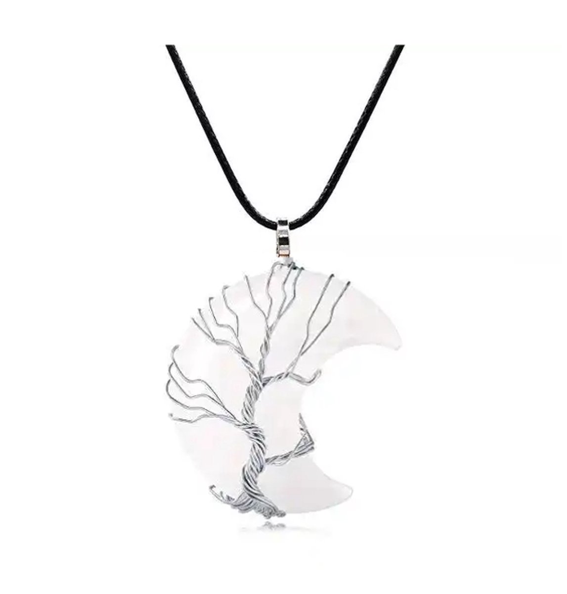 ASTRADAVI Kristal Halve Maan - Hanger - Positieve Energie Chakra Kristal Edelstenen - Zilverkleurige Kooi - met Zwart Vegan Lederen Koord - Wit Quartz - Cadeau Idee