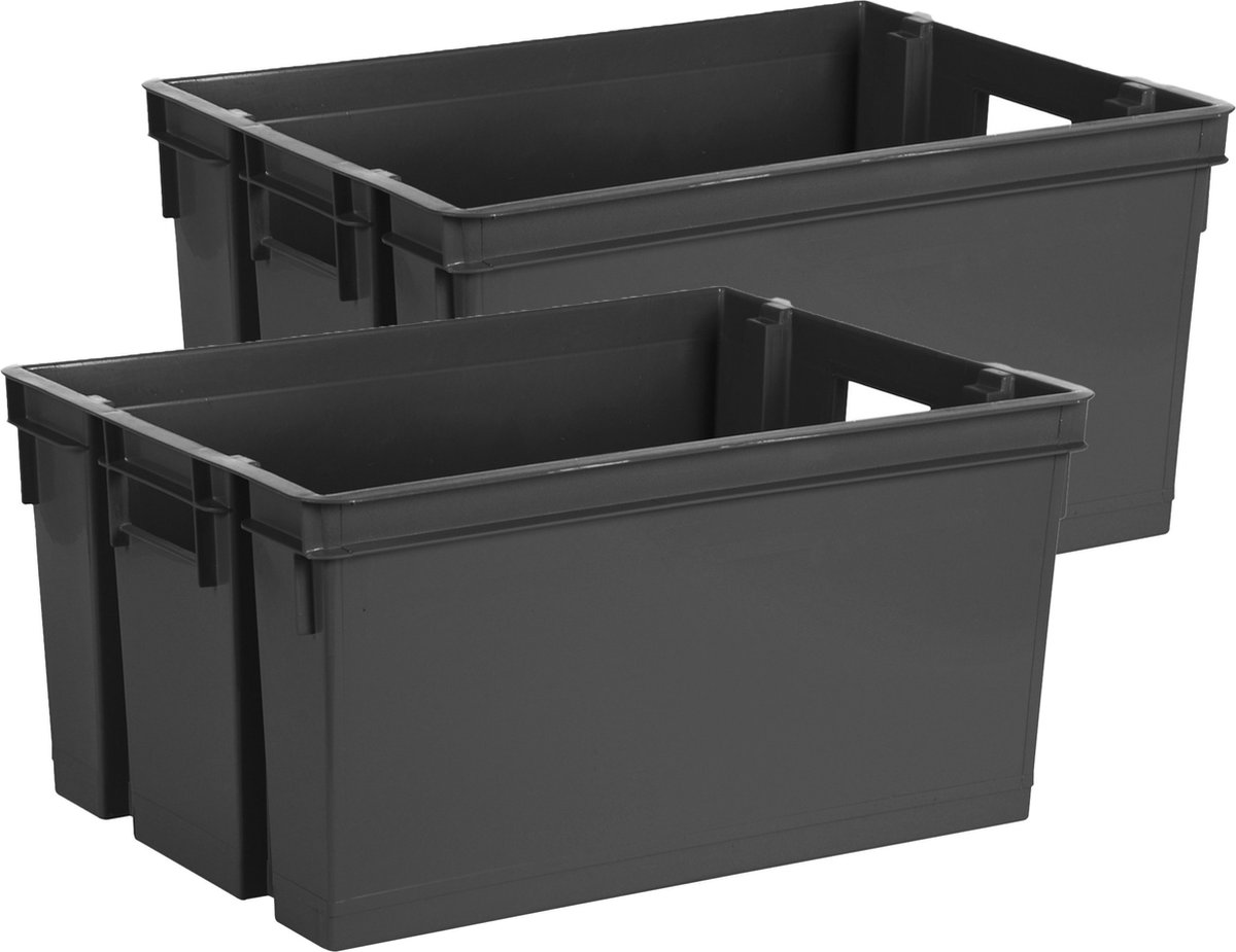 EDA Opbergbox/Opbergkrat 50 L - 2x - zwart - kunststof - 56 x 41 x 29 - stapelbaar/nestbaar - Opbergbox