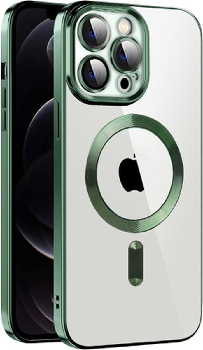 Apple iPhone 12 pro silicone Back cover met lenzbeschermer/Magsafe compatible /magneet case Telefoonhoesje/transparant met Donkergroen randen