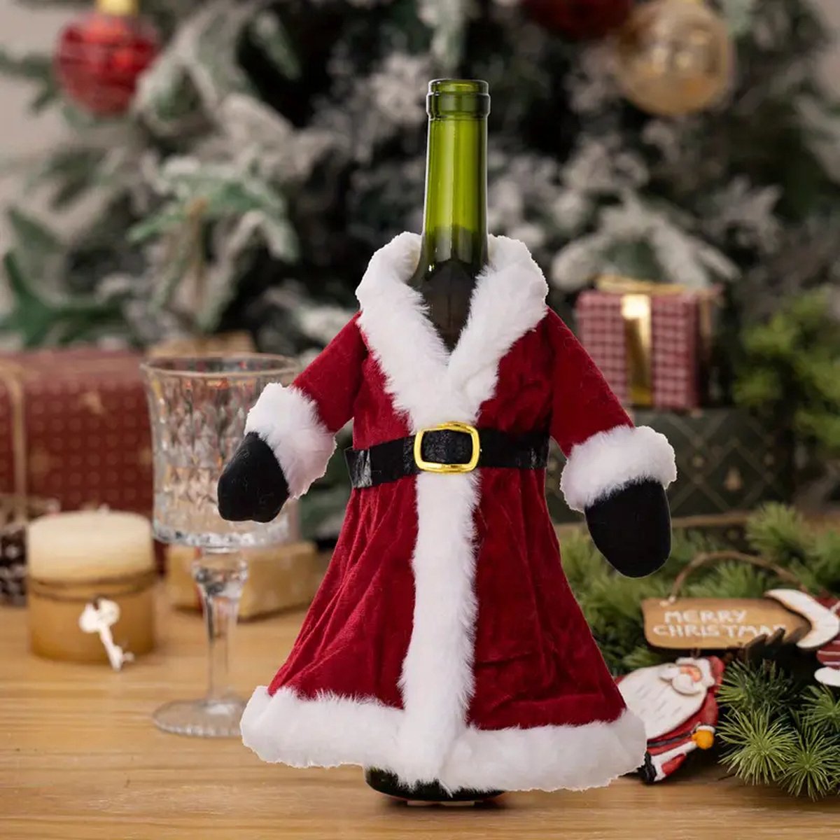2 Housses Déco Pour Bouteille De Vin De Noël - En Forme De Petit Manteau, Avec Bouton Et Col - Pour Décoration De Table Ou Cadeau - 7