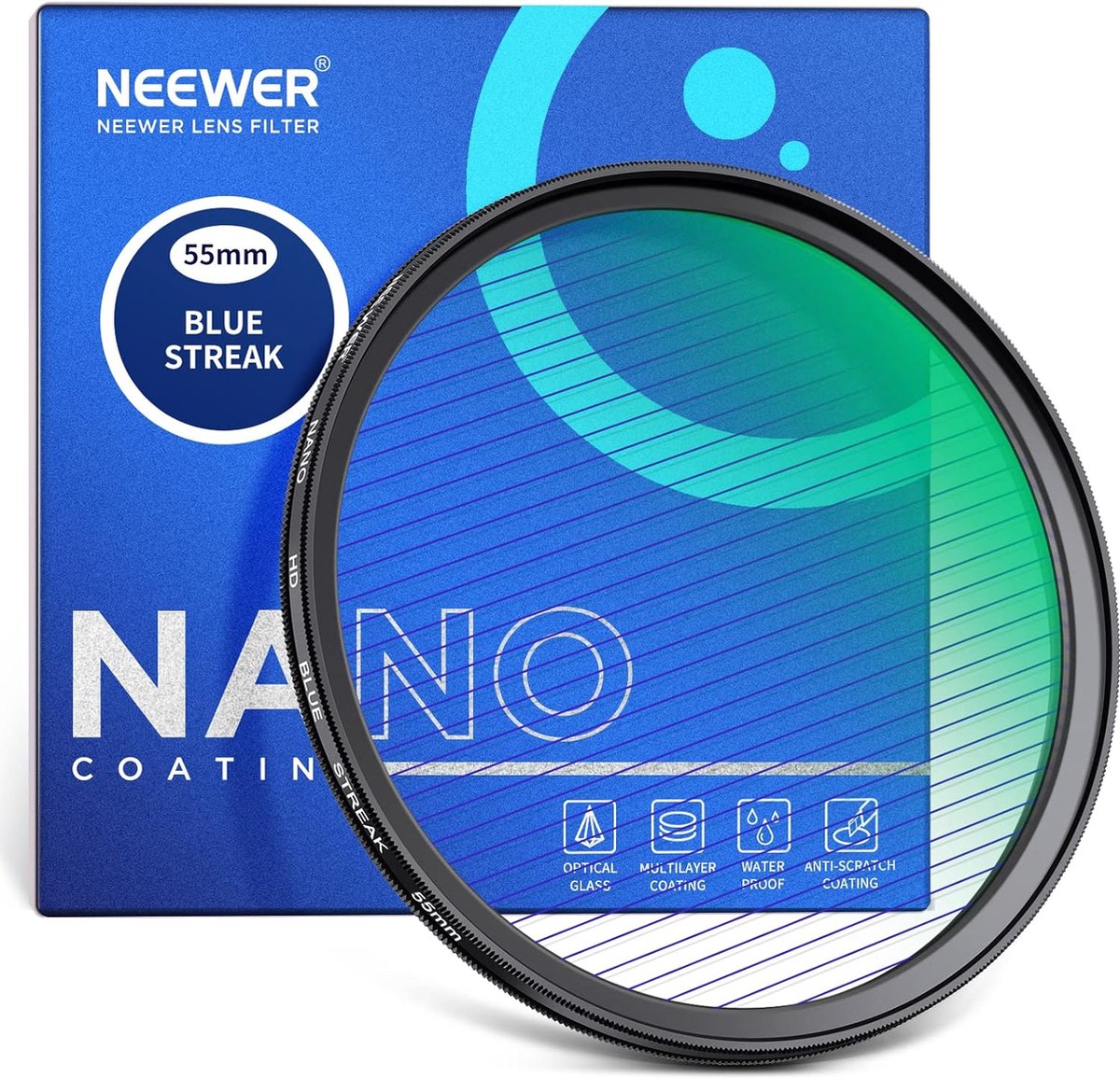 Neewer® - 55mm Blue Stripe Filter - HD Optisch Glas, 360° Draaibare Anamorfische Flare Speciale Effecten Lens Filter - 28-Laags Multi-Resistente Geanodiseerde Aluminium Frame