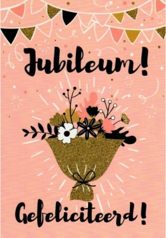 Jubileum! Van harte gefeliciteerd! Een fleurige kaart met een bos bloemen en natuurlijk de slingers bovenin! Een leuke kaart om zo te geven of om bij een cadeau te voegen. Een dubbele wenskaart inclusief envelop en in folie verpakt.