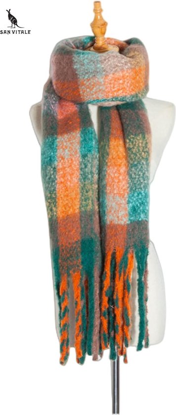 San Vitale® - 1.1 Luxe Winter Sjaal - Winter - Wol Mix - Omslagdoek - Geblokt - Groen/Oranje
