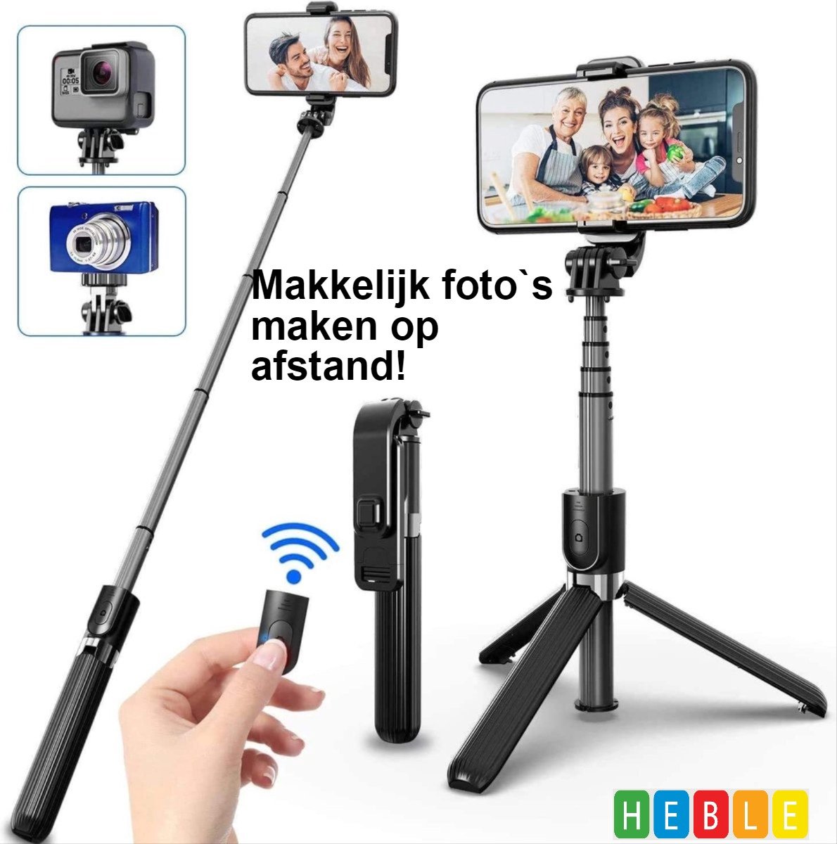 *** 3-in-1 Selfie-Stick-Tripod - Zwart - Smartphone-Vlog-Tripod - Selfies Maken op Afstand - van Heble® ***