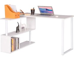 BukkitBow - Hoekbureau - Houten Bureau met Dubbele Planken voor Opbergruimte - Opbergruimte 180 Graden Draaibaar - Perfect voor Thuistudie - Wit Blad