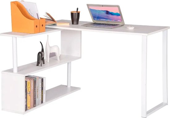 BukkitBow - Hoekbureau - Houten Bureau met Dubbele Planken voor Opbergruimte - Opbergruimte 180 Graden Draaibaar - Perfect voor Thuistudie - Wit Blad