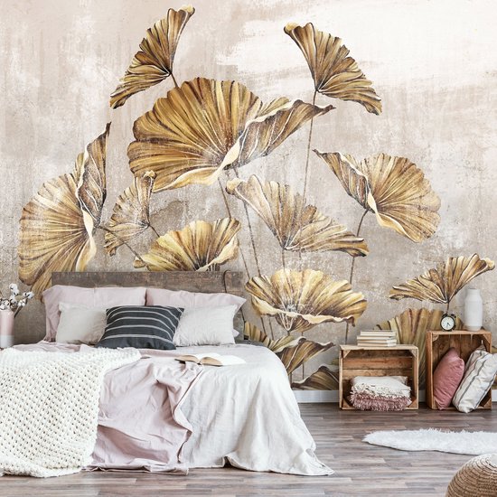 Fotobehang - Bloemen - Planten - Gouden Bladeren - Betonnen Achtergrond - Vliesbehang - 368x254cm (lxb)