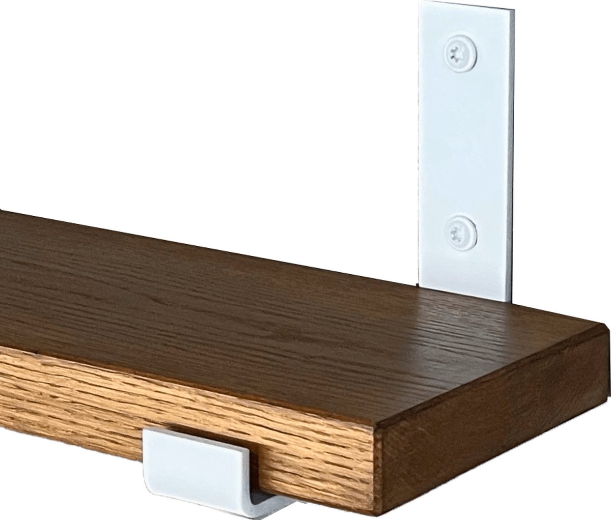GoudmetHout Wandplank Industrieel - 220 x 15 cm Muurplank - Donker Eiken Hout - Decoratie Wandrek & Boekenrek - Hangplank Keuken - Wall Shelf + 2 Mat Witte Plankdragers van Staal Donker eiken - Mat wit - 15 cm