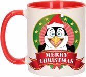 Kerst beker / mok - rood met wit - 300 ml keramiek - Pinguin print
