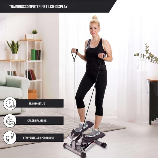 Stepper Fitness Con Fasce Di Resistenza, Manubrio Regolabile, Display, Capacità Carico 150 Kg, Per Dimagrire E Tonificare, Dimensioni 29x39x110 Cm
