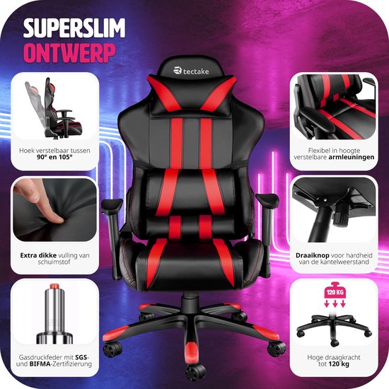 Tectake - Gaming chair - bureaustoel Premium racing style zwart/rood - Tectake