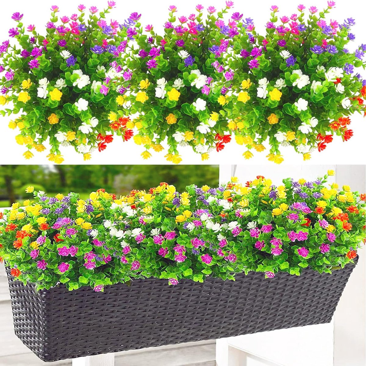 12 bundels kunstbloemen voor binnen en buiten uv-bestendige struiken planten om op te hangen voor thuis bruiloft veranda raam (6 kleuren)